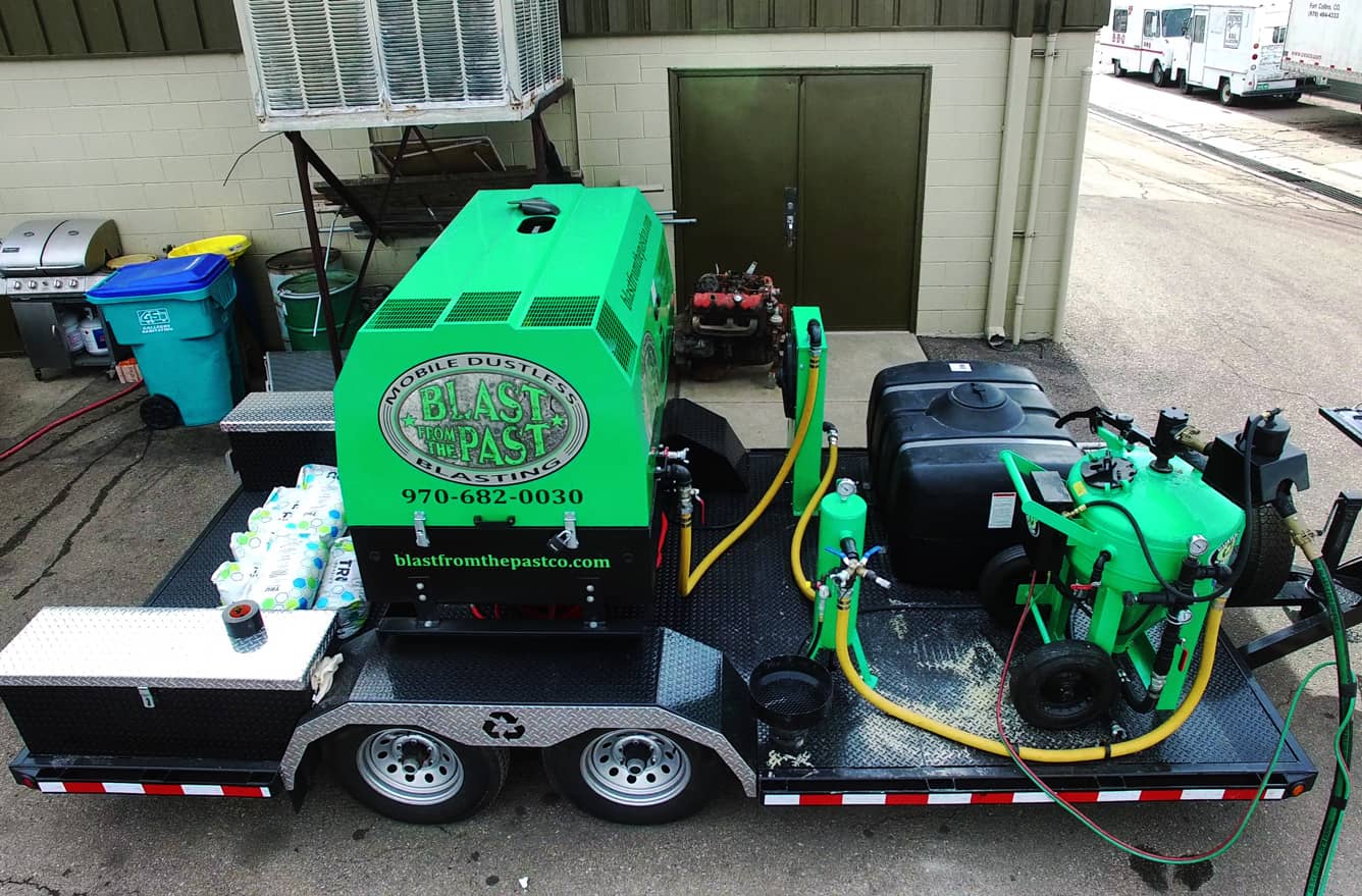 Fort Collins Mobile Dustless Blasting setup on wheels from Blast From the Past